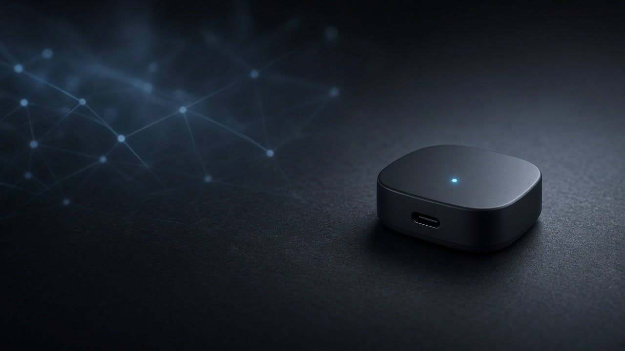 Matte USB-C puck on a graphite desk with quiet cold network threads of light