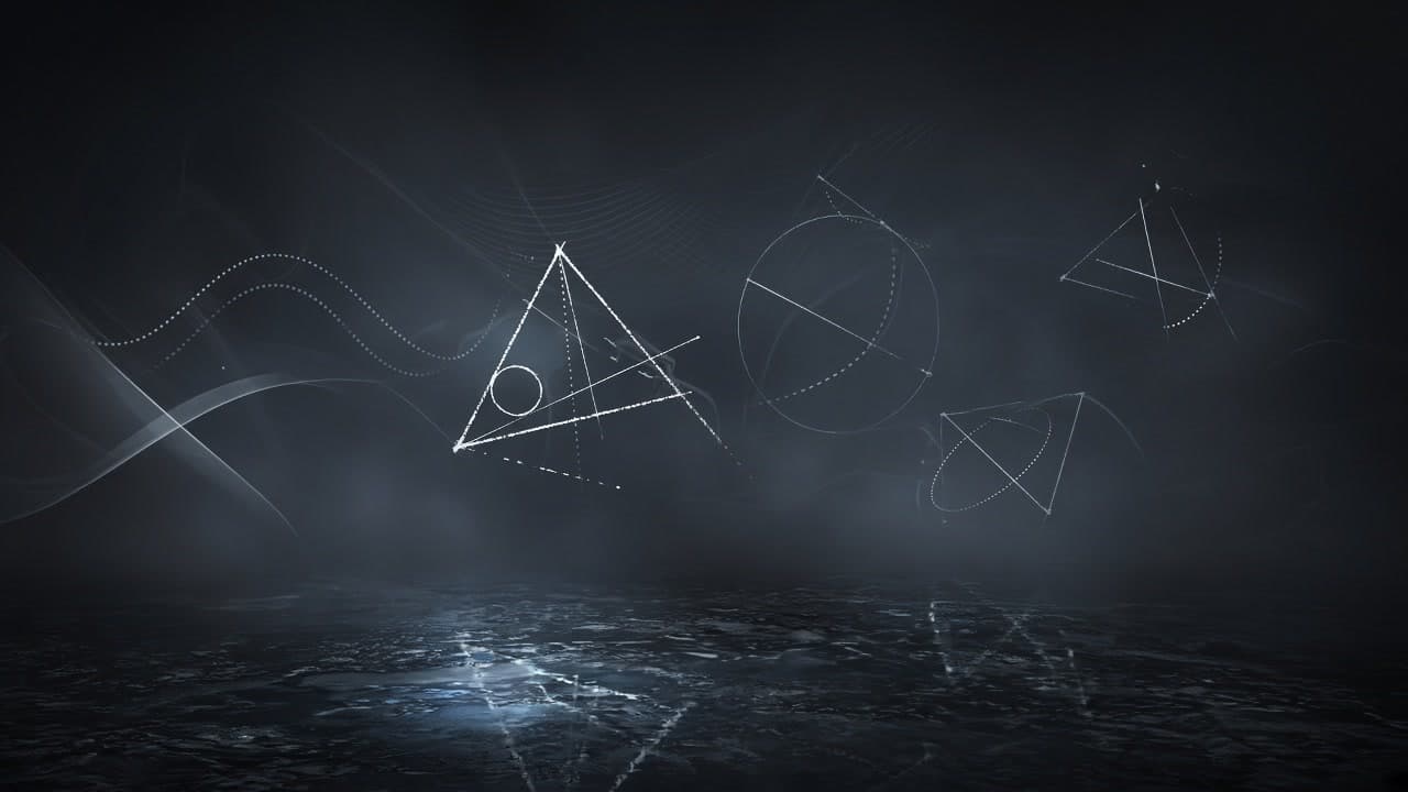 Chalk-white geometric curves floating in a graphite void under cold steel light
