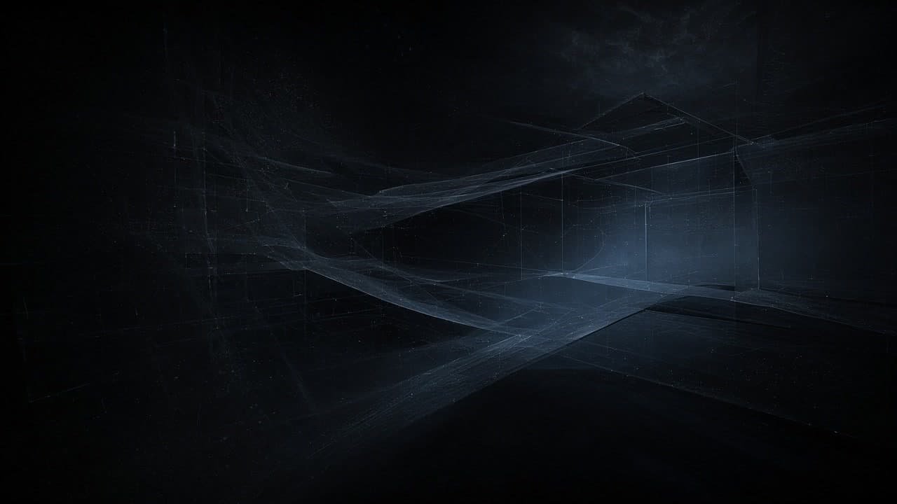 Sparse luminous attention webs floating in a deep graphite architectural void