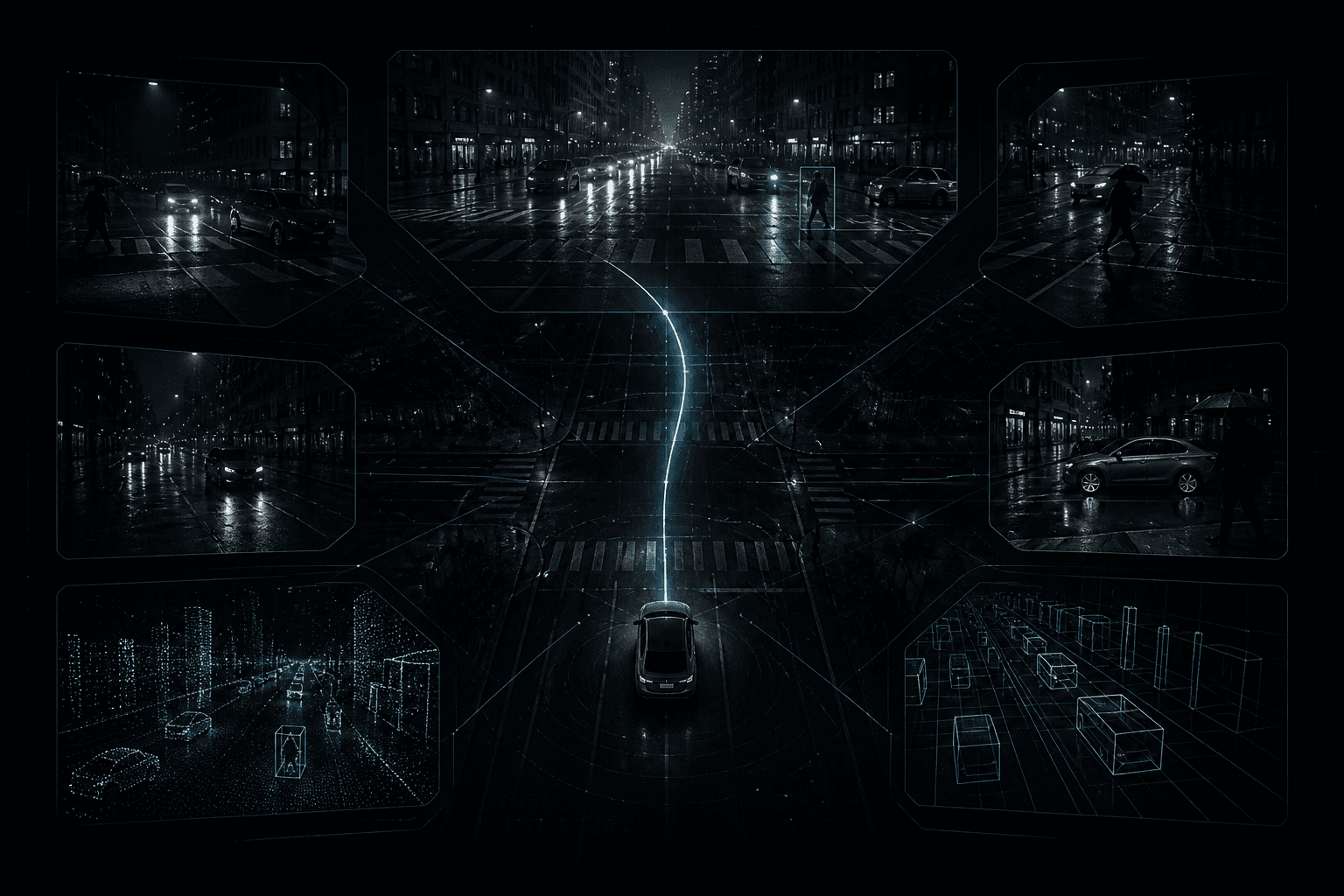 Multi-camera perspectives converging on a vehicle trajectory arc through a rain-slick city at night