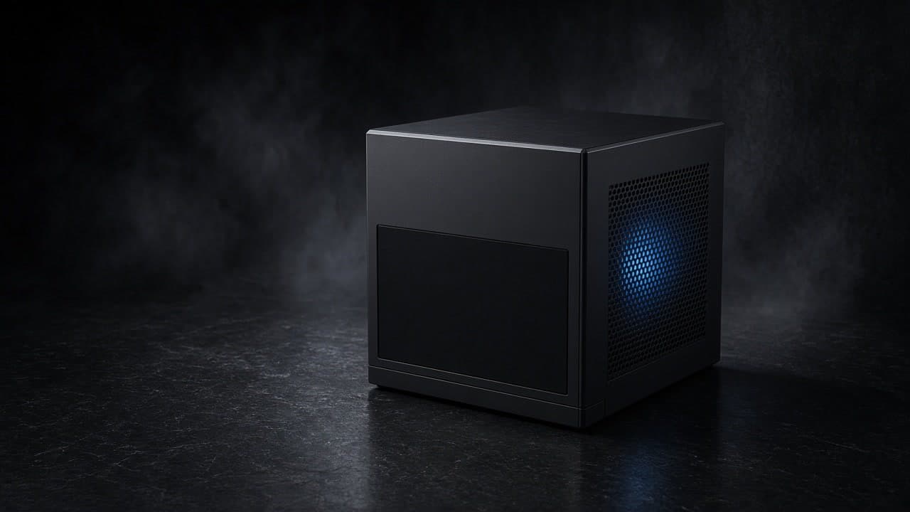 Compact charcoal metal cube with a soft cold-blue inner glow on a reflective dark surface