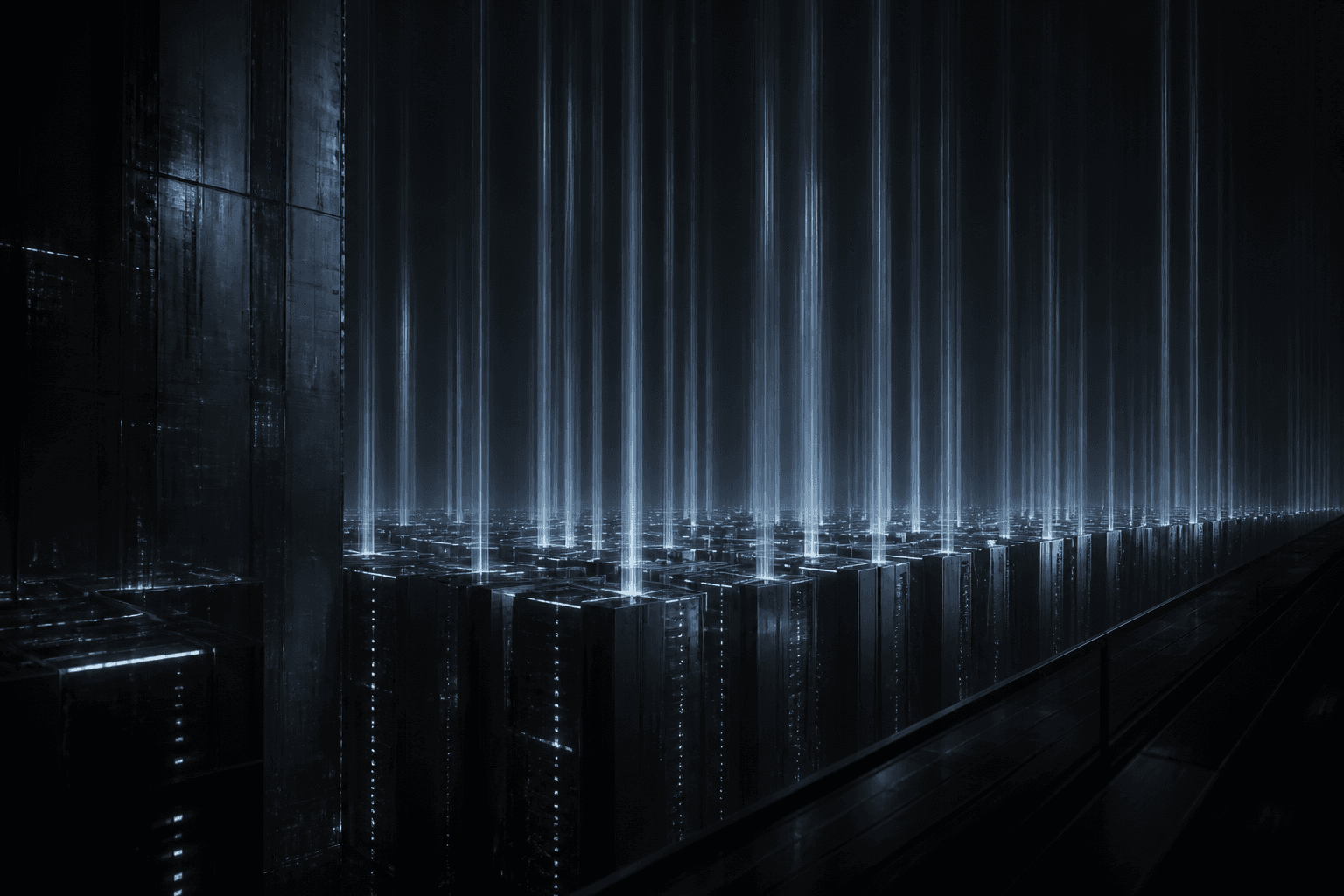Vertical cold-steel light columns of inference accelerators in a dark graphite data hall