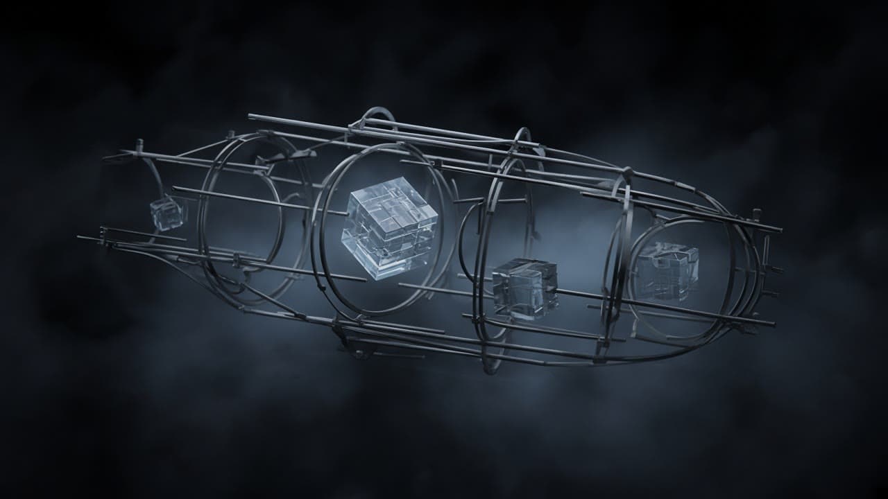 A skeletal cold-steel agent harness framing translucent code cubes inside dark sandbox chambers