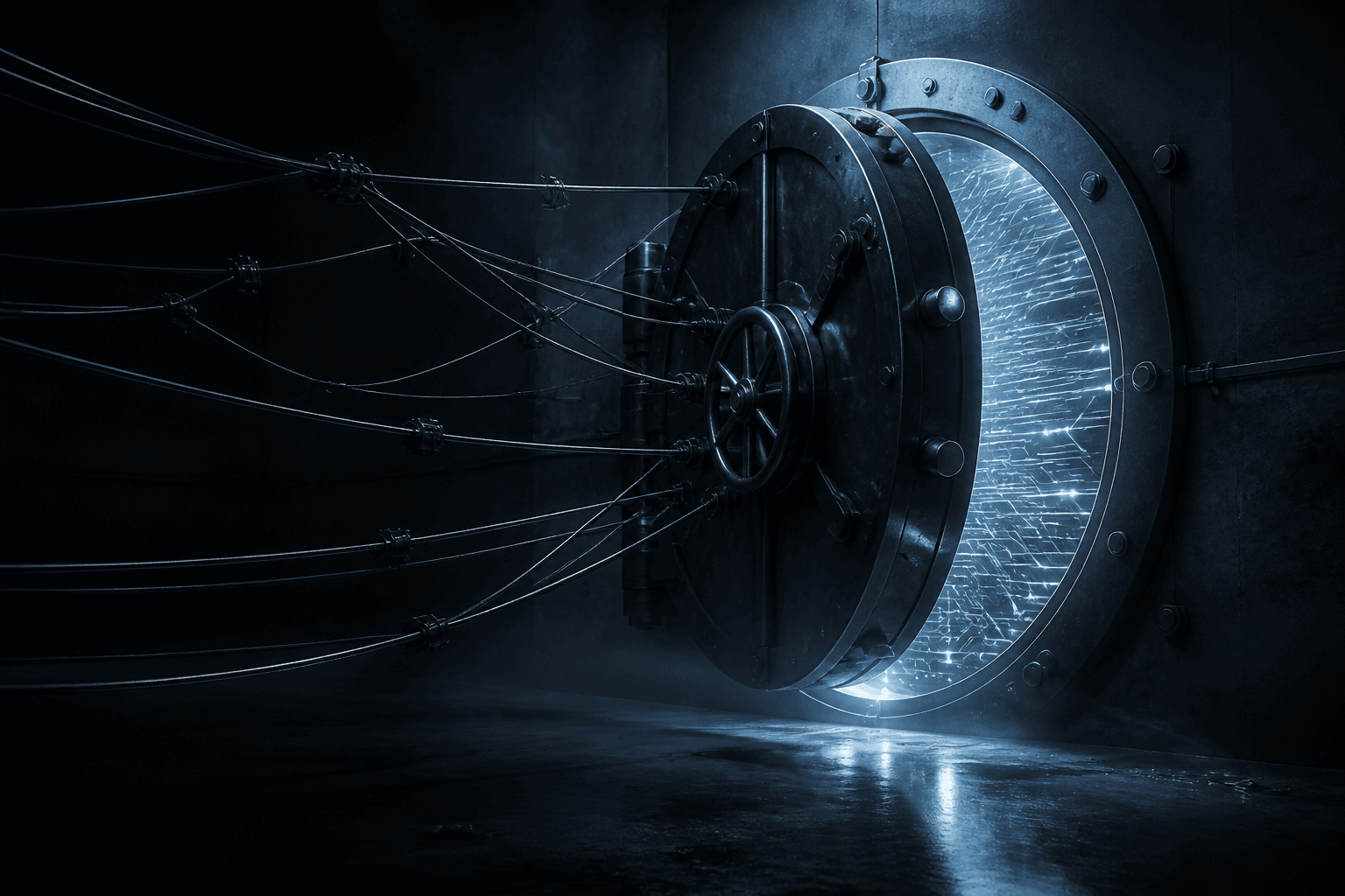 A graphite vault door held by steel cables, circuit filaments restrained behind cold blue light