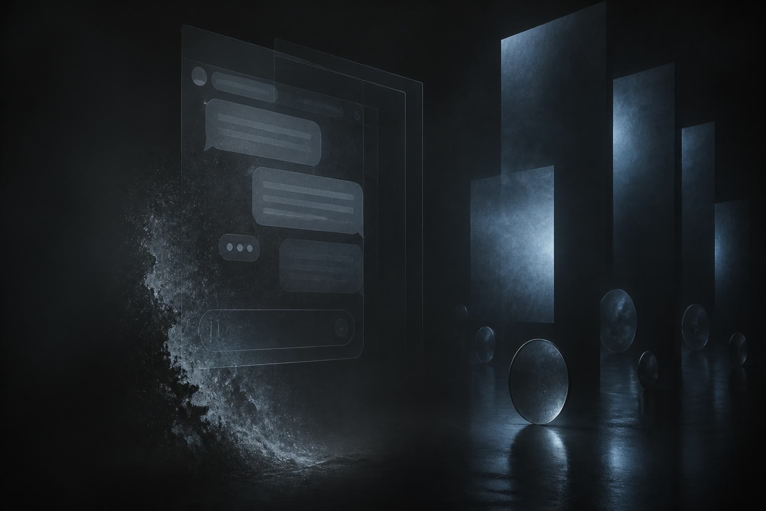 A translucent chat panel dissolving into cold billboard light and floating discs on a graphite floor