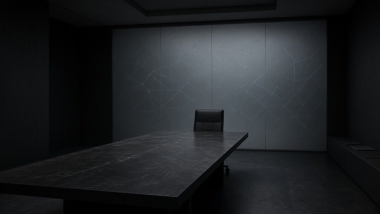 An empty chair at a long graphite boardroom table facing a frosted cold-blue oversight lattice
