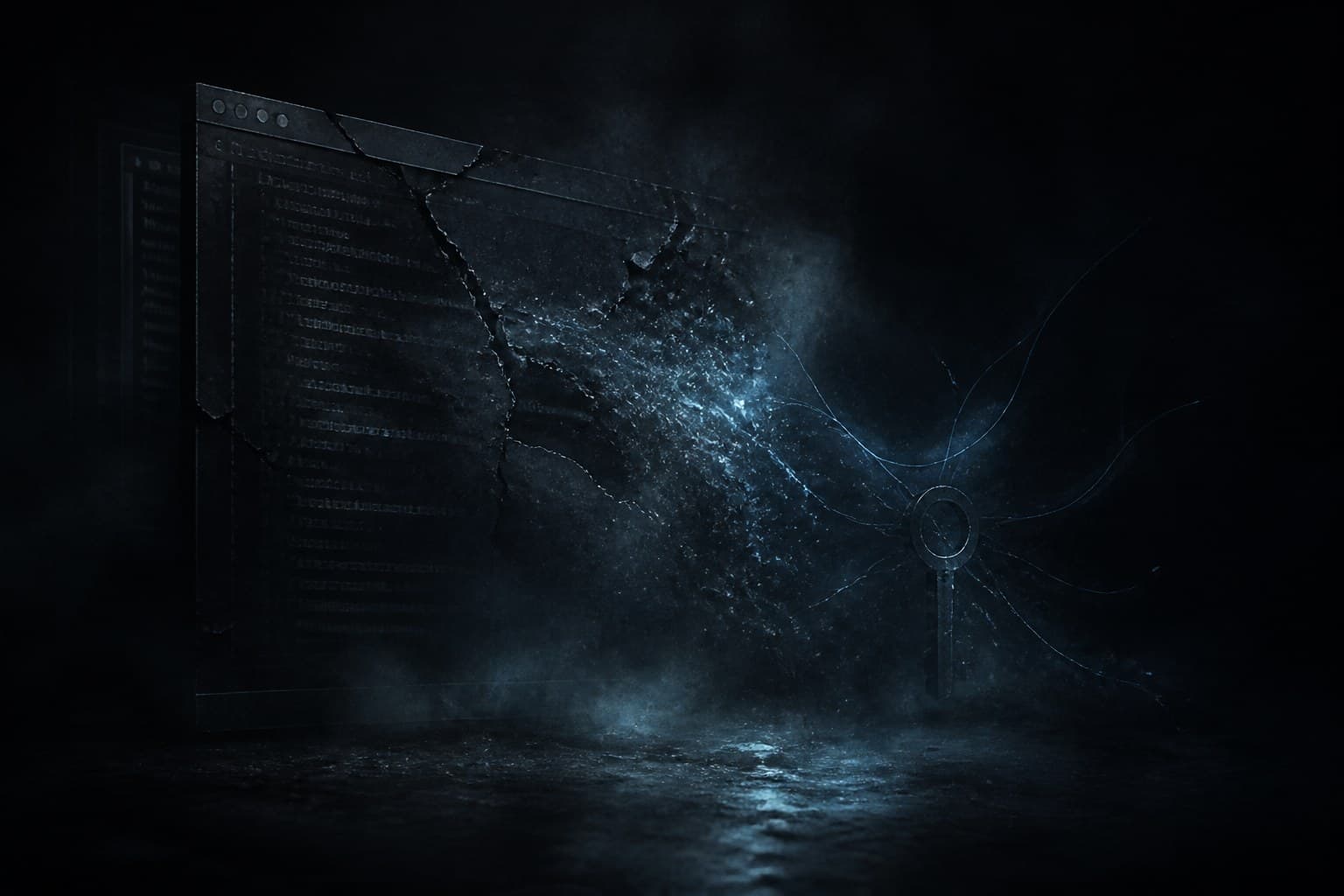 A cracked dark code-editor frame spilling cold-blue mist toward a floating key silhouette on graphite ground
