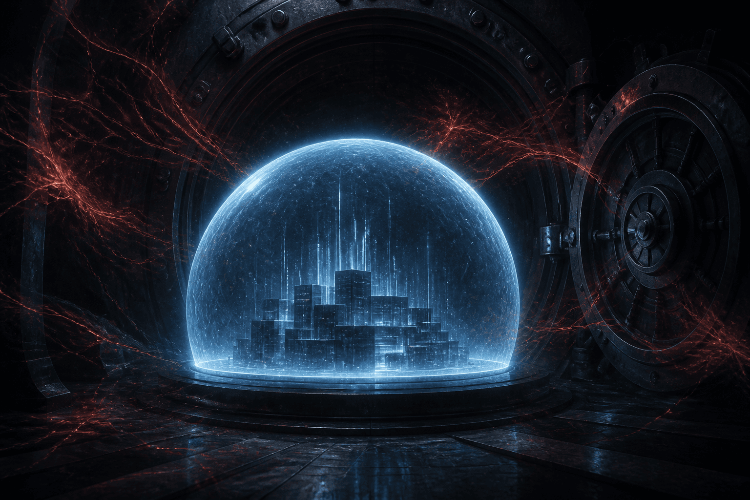 A steel-blue protective shield of light holding back sharper threat filaments around fragile digital architecture in a graphite vault