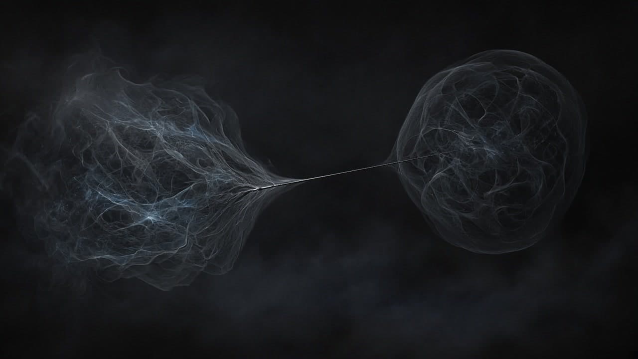Two overlapping luminous thought webs with a thin steel siphon thread between them