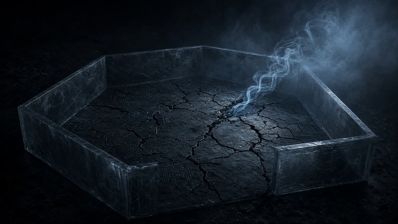 Cracked hexagonal containment floor with a cold luminous vapor thread rising into graphite dark