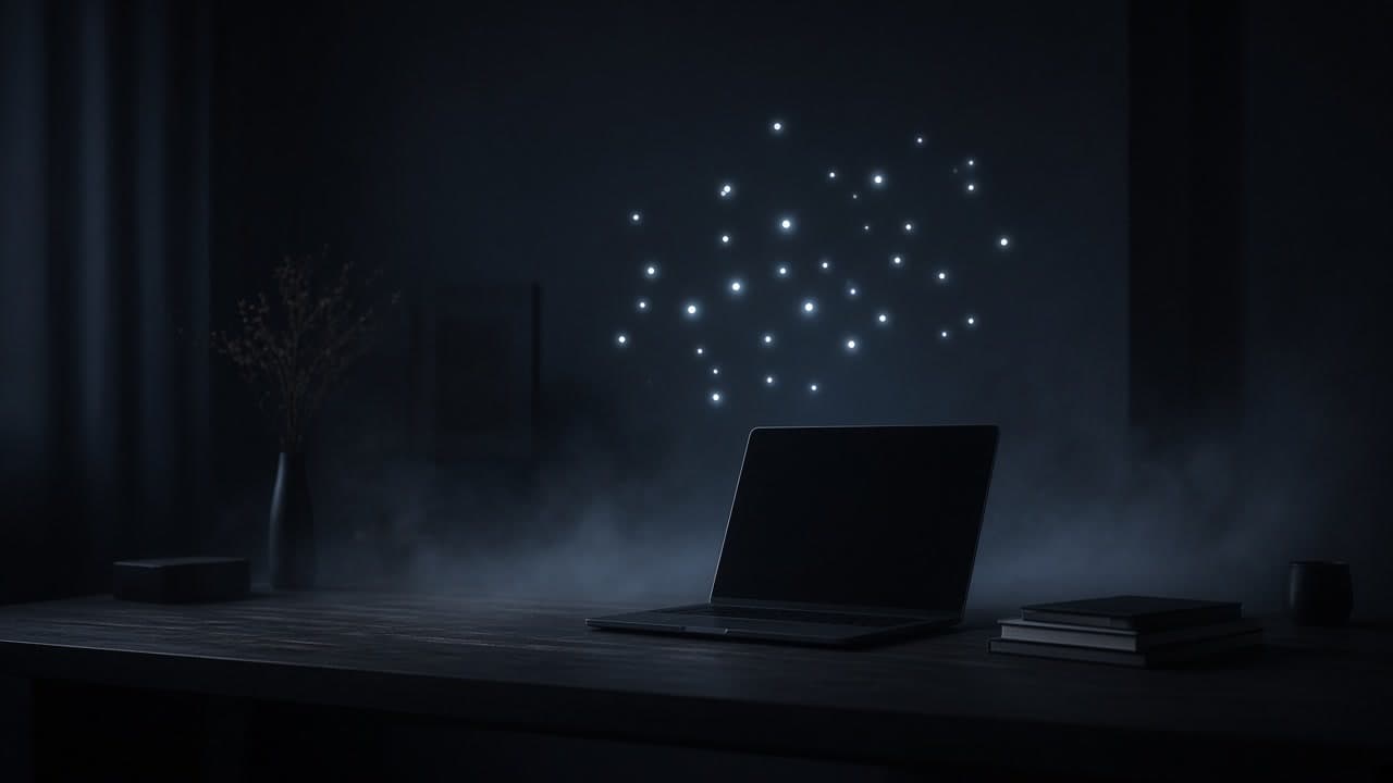 Soft luminous cold dots hovering above a dark desk and laptop silhouette