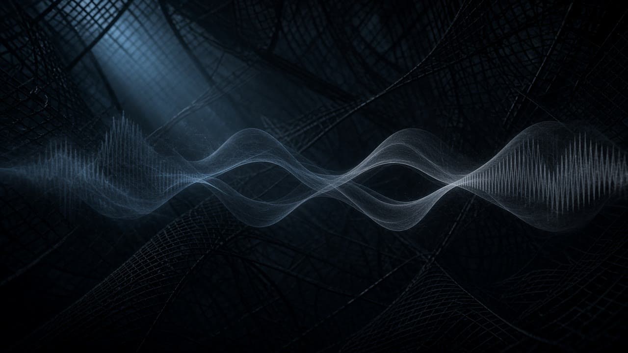 Two interlocking cold-blue voice waveforms weaving through a dark acoustic lattice