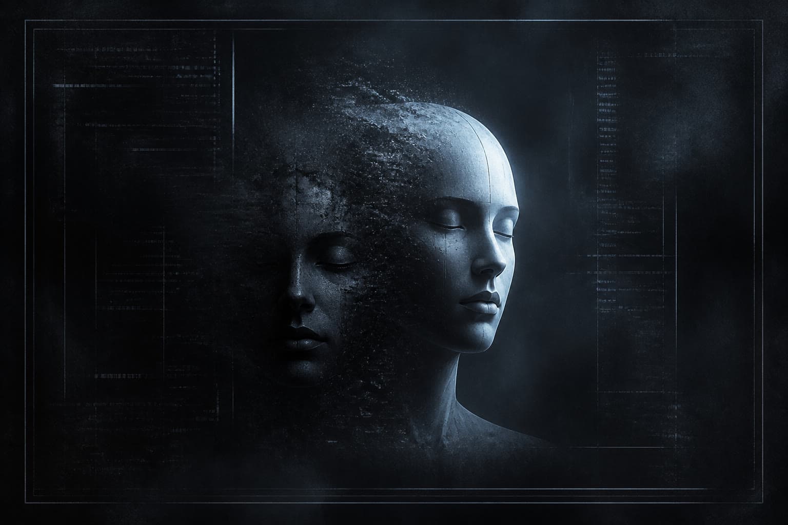 A dual sculpted head in cold graphite light — one face dissolving while a smoother twin remains