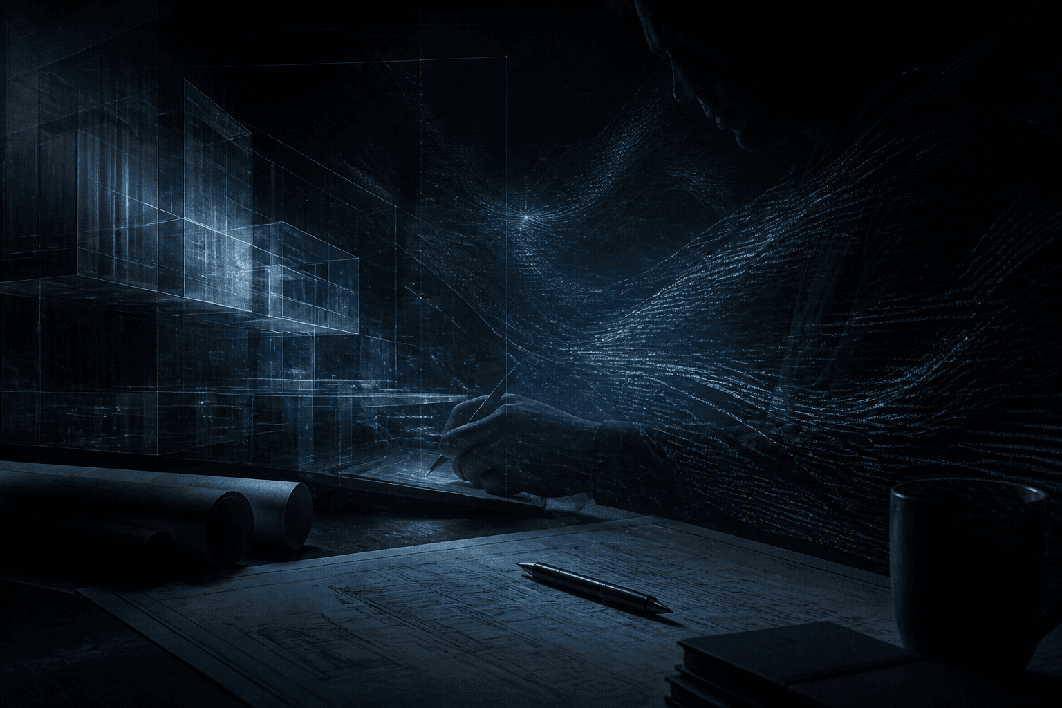 Translucent blueprint lines and soft luminous code filaments over a dark graphite workspace