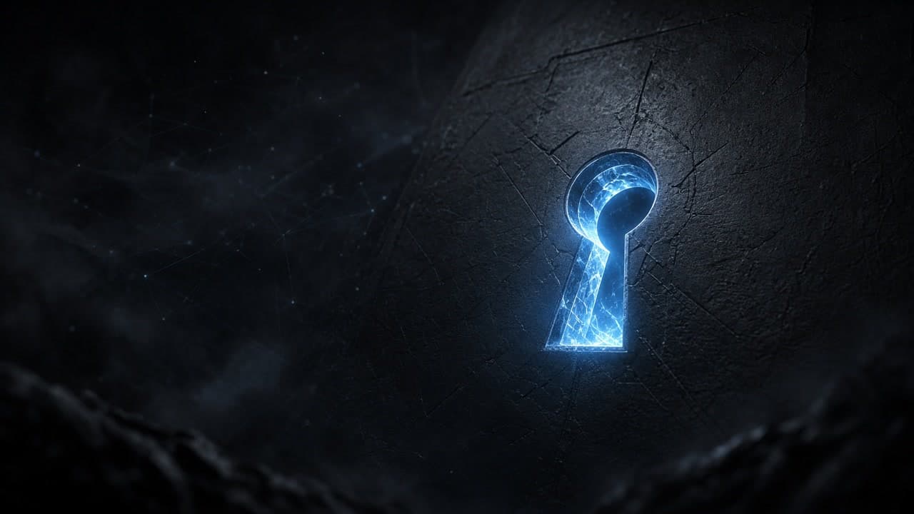 A luminous cold-blue keyhole carved into a scratched graphite vault door