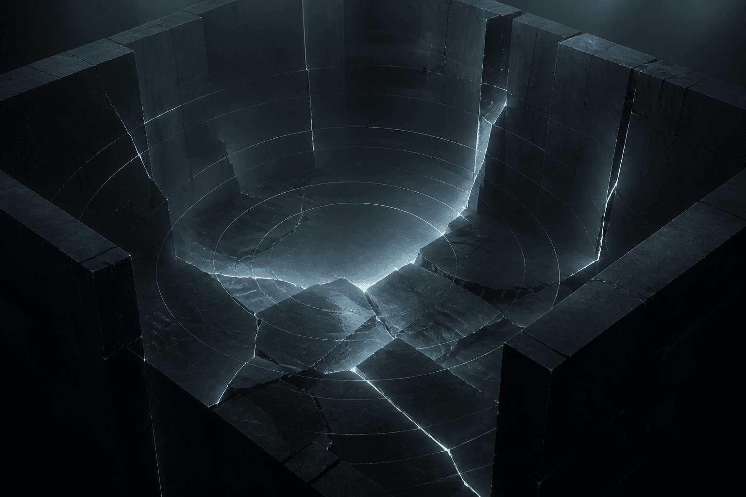 A fractured dark containment well with cold-blue light leaking through cracks under faint radar rings