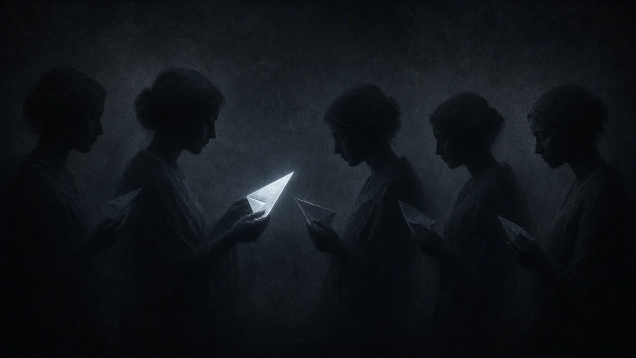 Folded luminous note-strips passing between successive shadowy model silhouettes in graphite dark