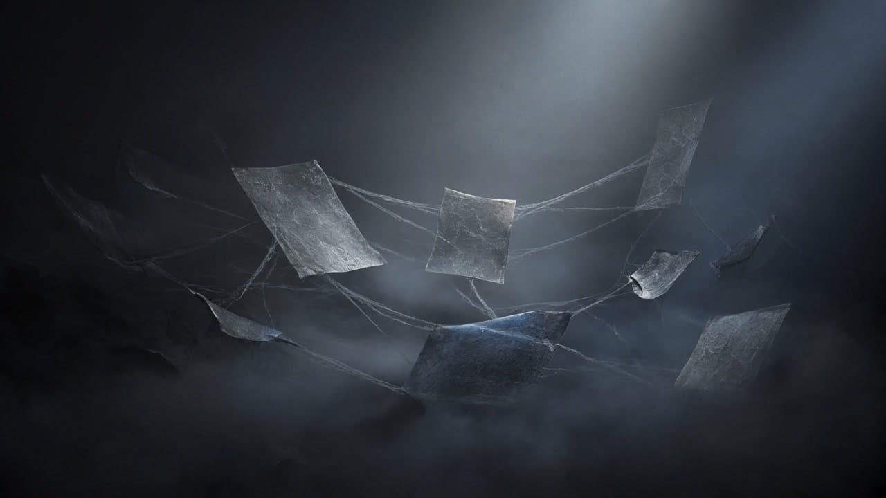Translucent wiki pages floating in graphite fog, linked by thin cold-blue agent trails