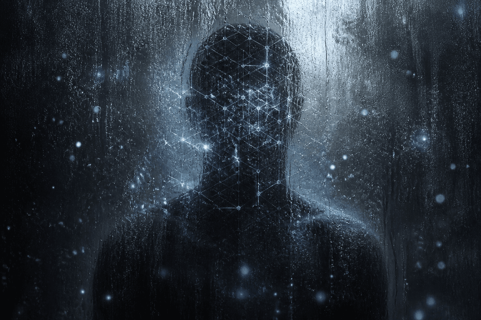 A veiled luminous neural lattice behind frosted glass, soft free-token light particles in graphite darkness