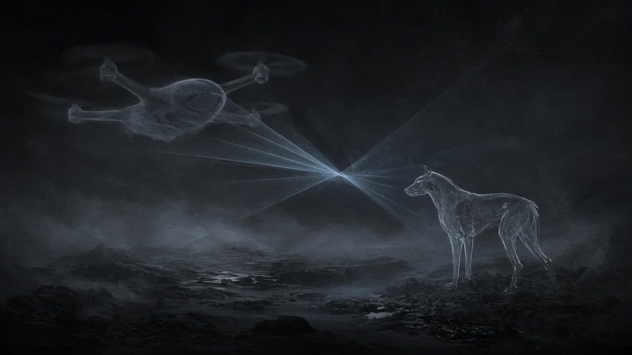 Translucent drone and quadruped silhouettes linked by cold perception beams over misty ground