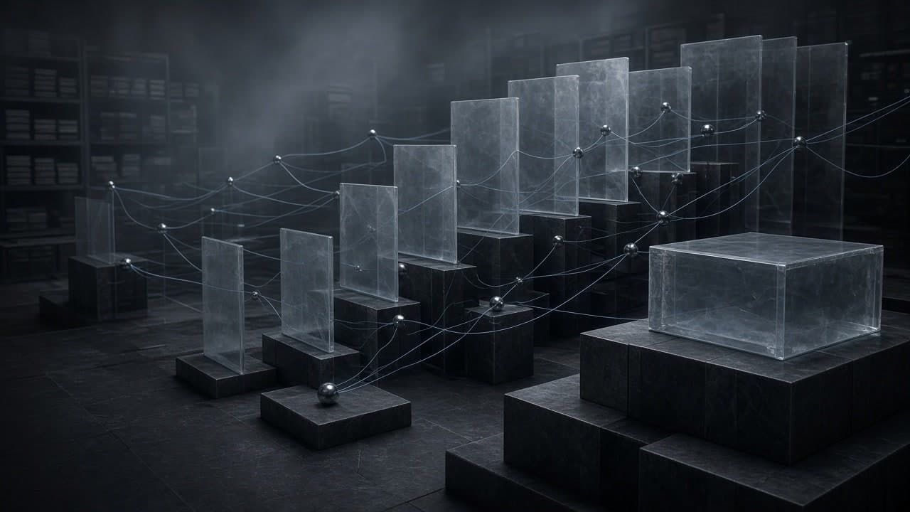 Dark archive plinths linked by cold-blue CRM filaments and translucent workflow slabs