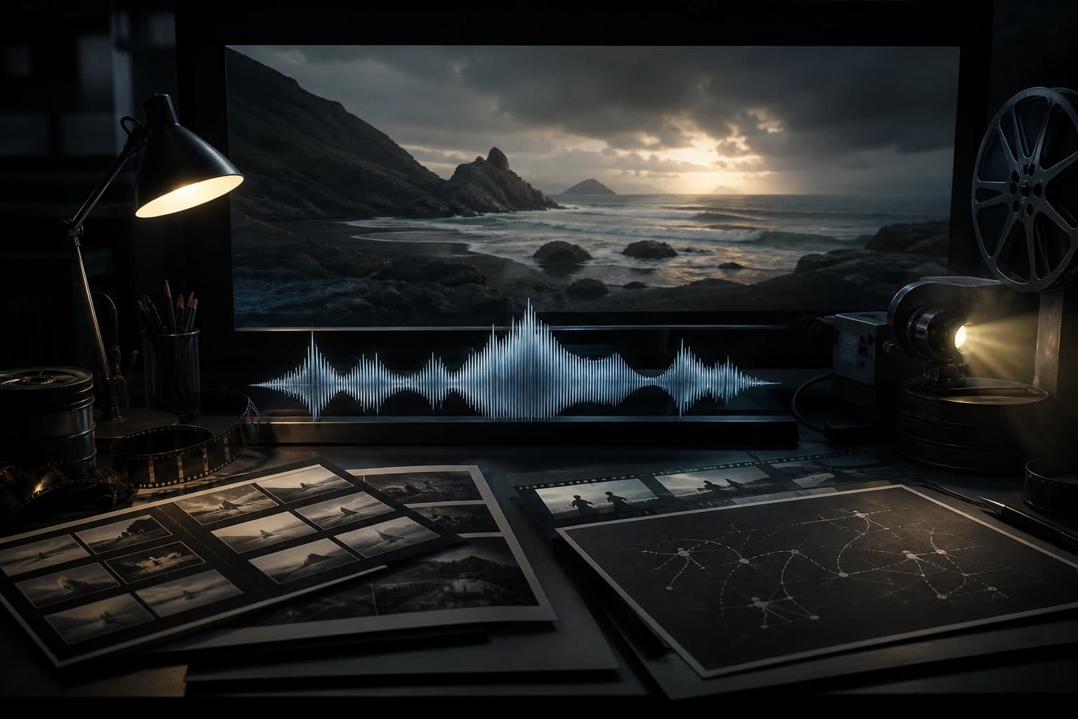 A dark director’s table where contact sheets, film frames, audio, and motion diagrams converge