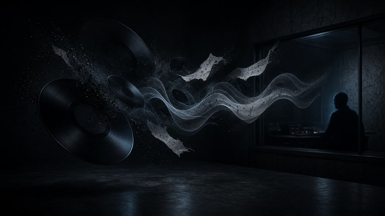 Dark vinyl discs and luminous sound waveforms dissolving into sheet-music filaments in a graphite booth