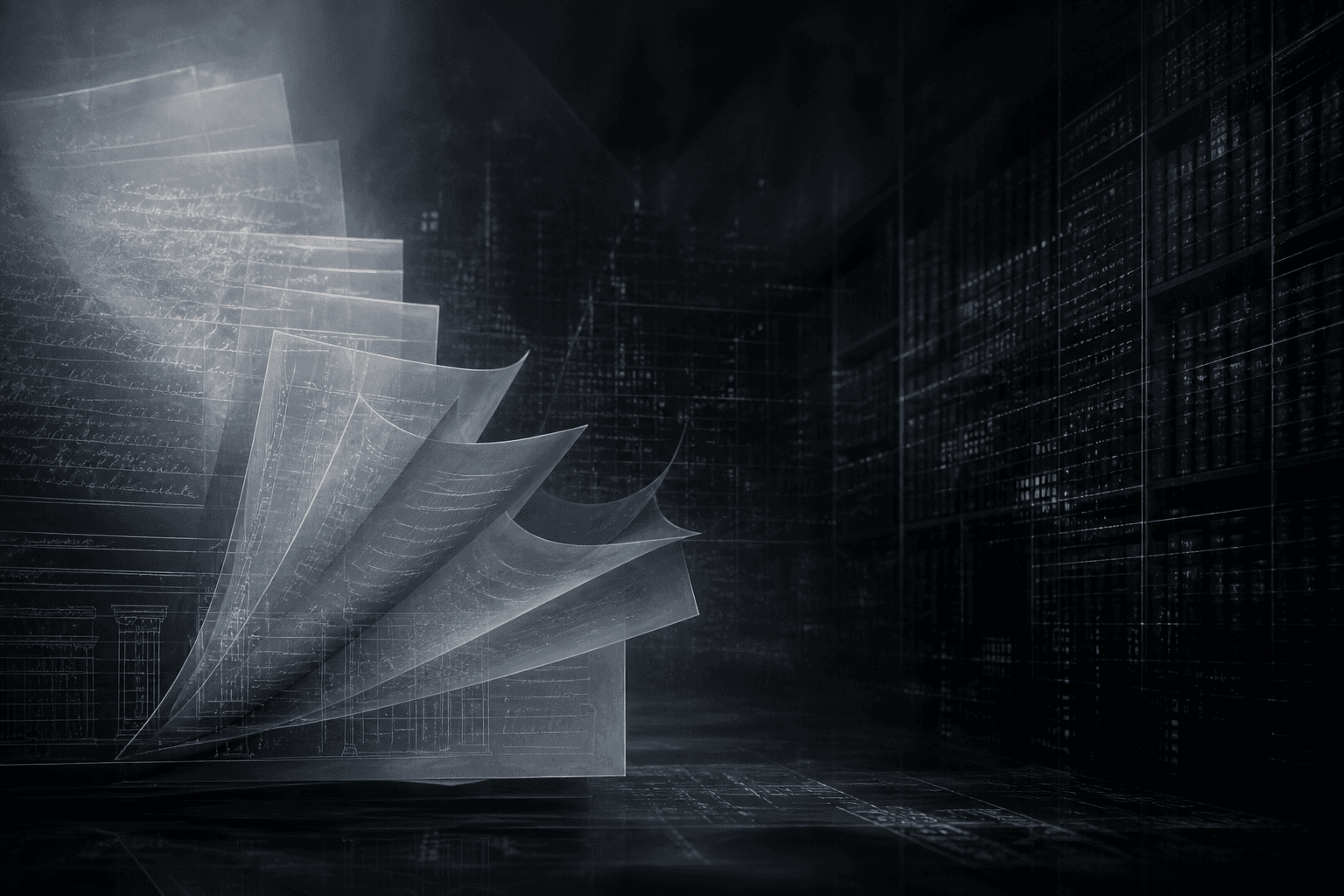 Translucent legal folios and soft glowing tabular grids dissolving into a dark graphite knowledge vault