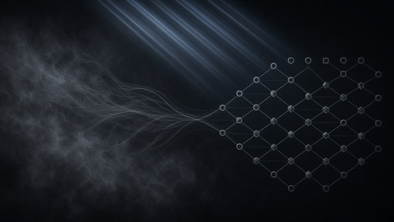 Chaotic graphite filaments converging into a cold geometric lattice of typed decision nodes