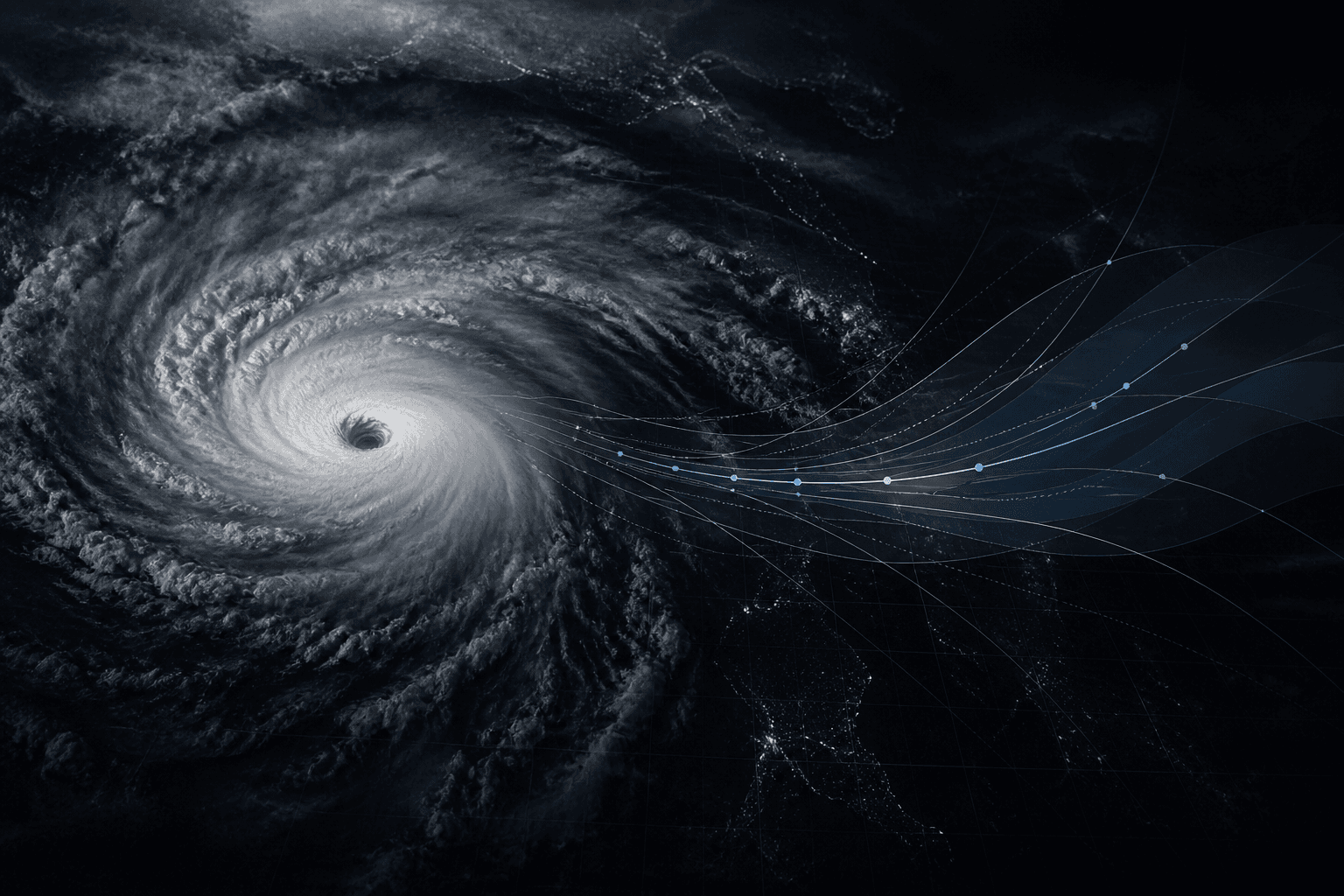A hurricane spiral dissolving into precise forecast trajectory lines over a dark ocean
