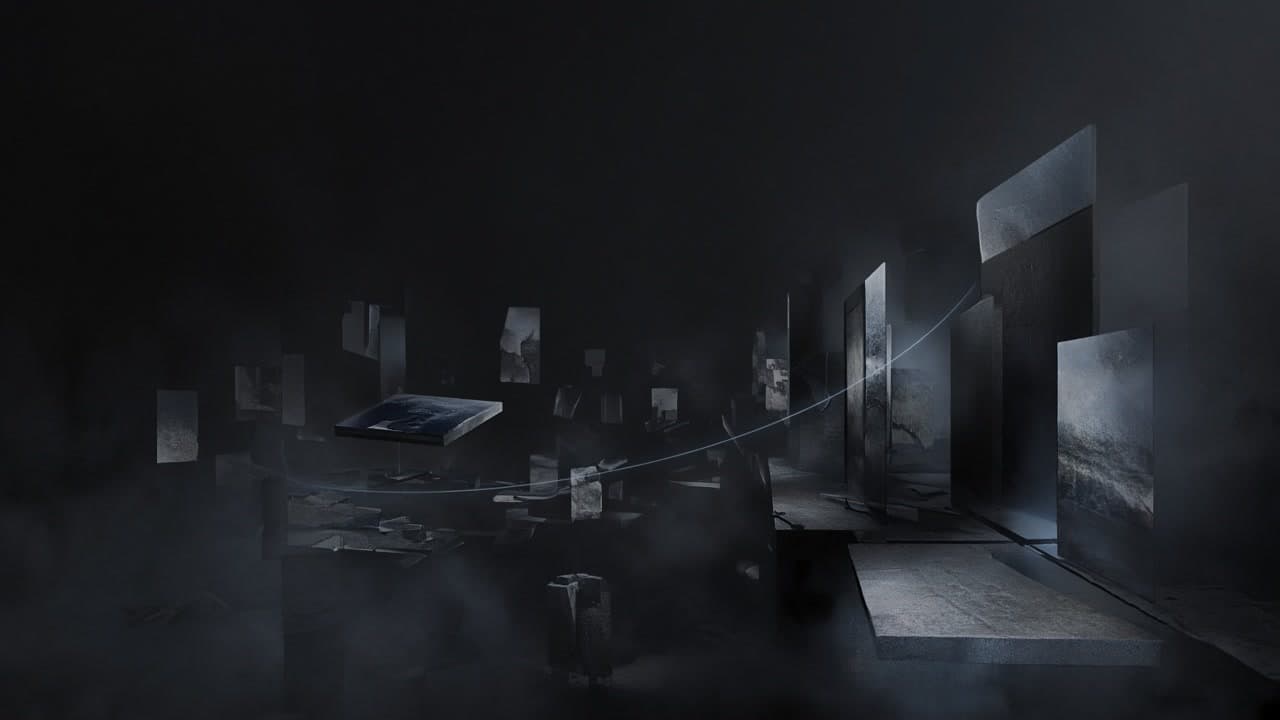 A sparse chamber reconstructed from floating photo shards under a thin luminous camera arc